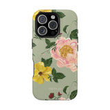 Garden Rose iPhone case featuring pink and yellow flowers on a green background with botanical elements.