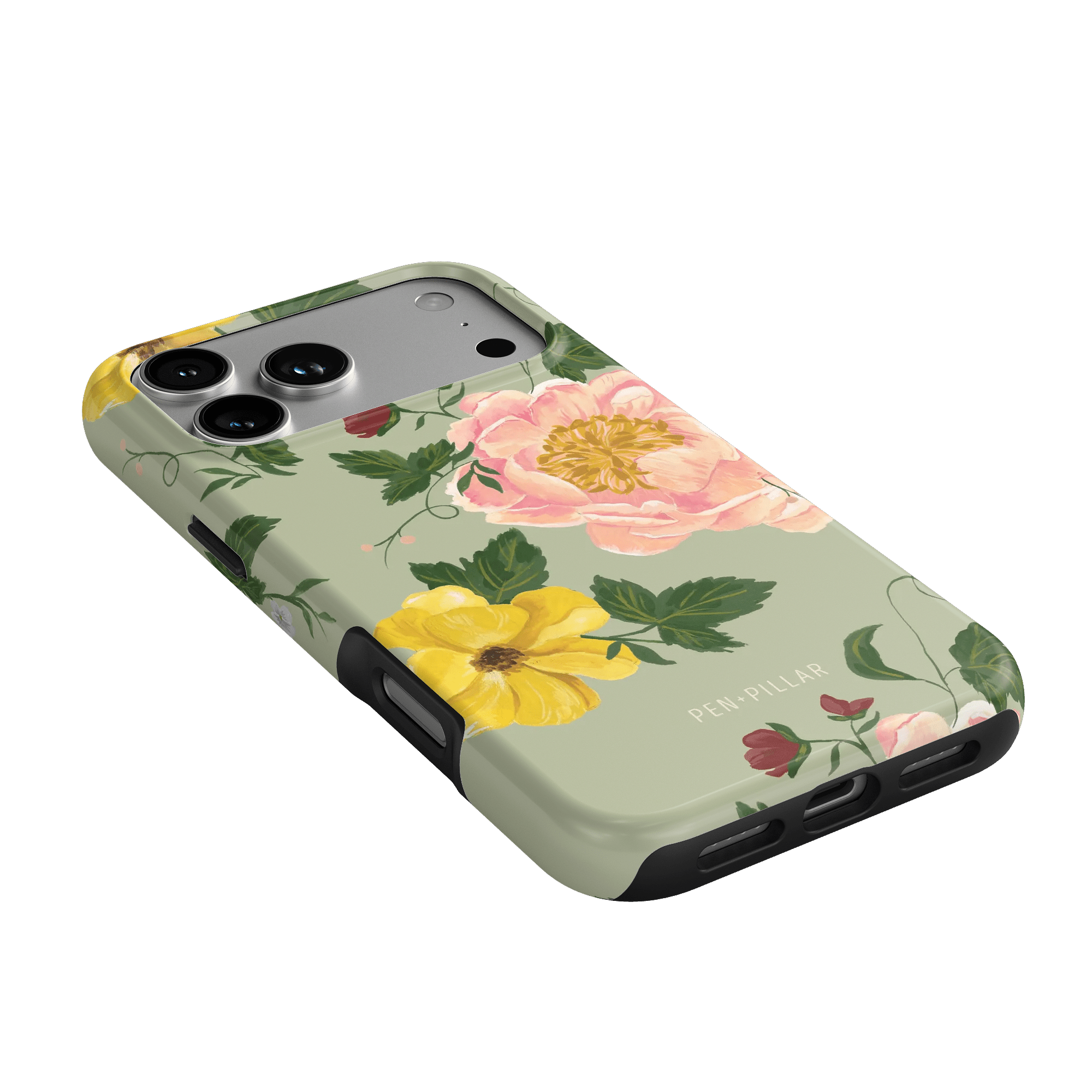 Garden Rose iPhone case featuring pink and yellow floral designs on a light green background.