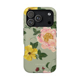 Garden Rose iPhone case featuring pink and yellow flowers on a light green background with leaf accents.