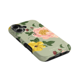 Garden Rose iPhone case featuring pink and yellow floral designs on a light green background.