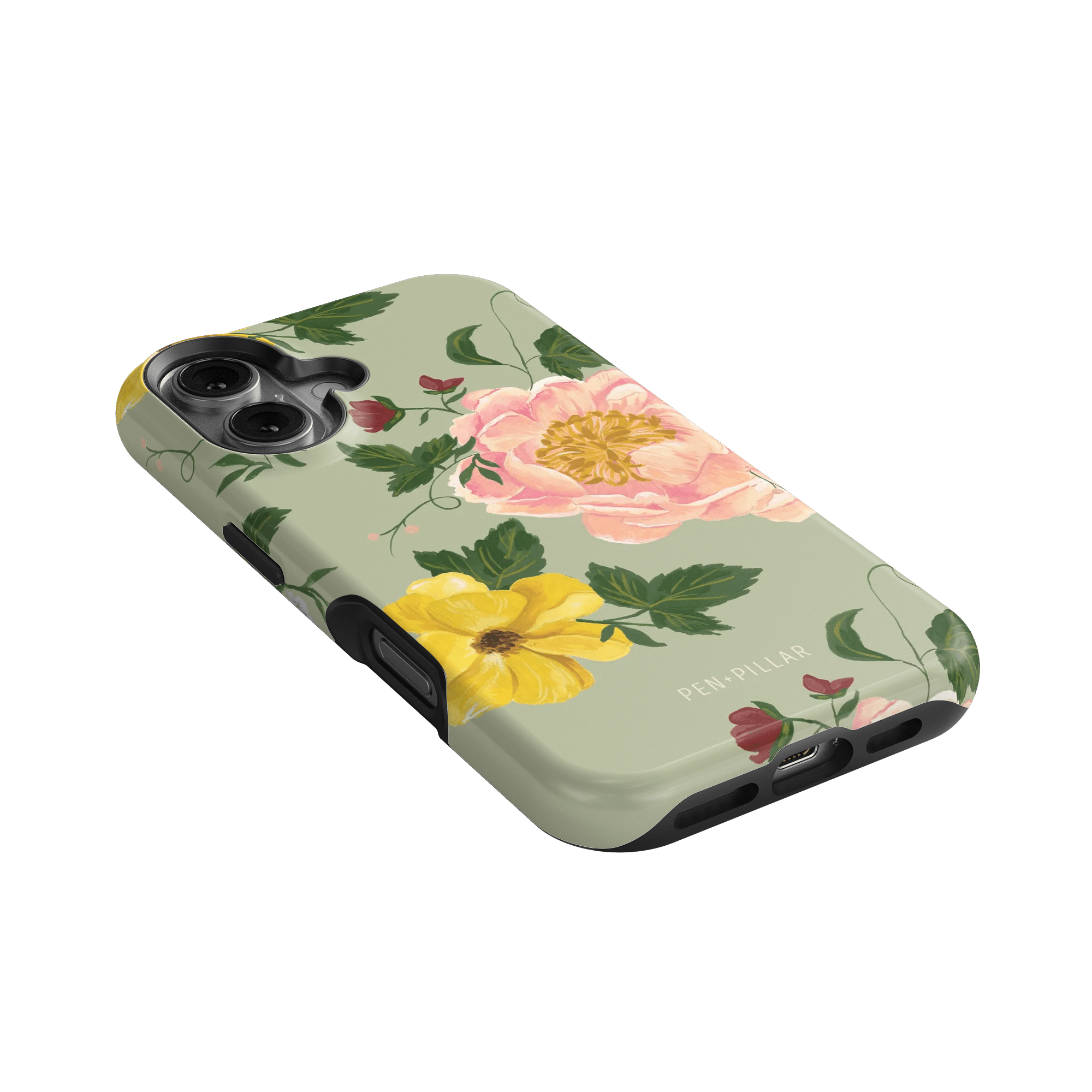 Garden Rose iPhone case featuring pink and yellow floral designs on a light green background.