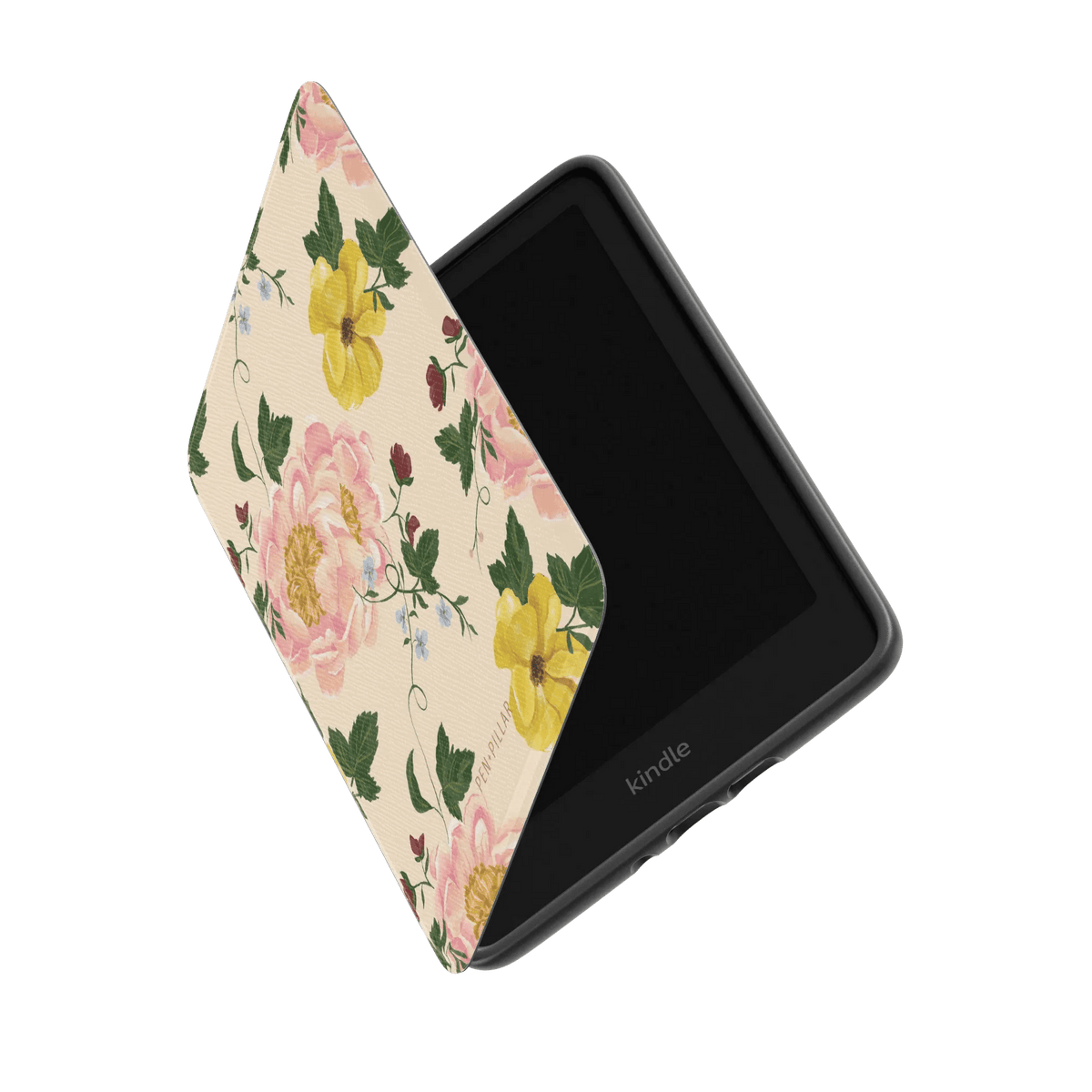 Garden Rose Kindle case with a floral design featuring pink and yellow roses on a cream background, partially open.