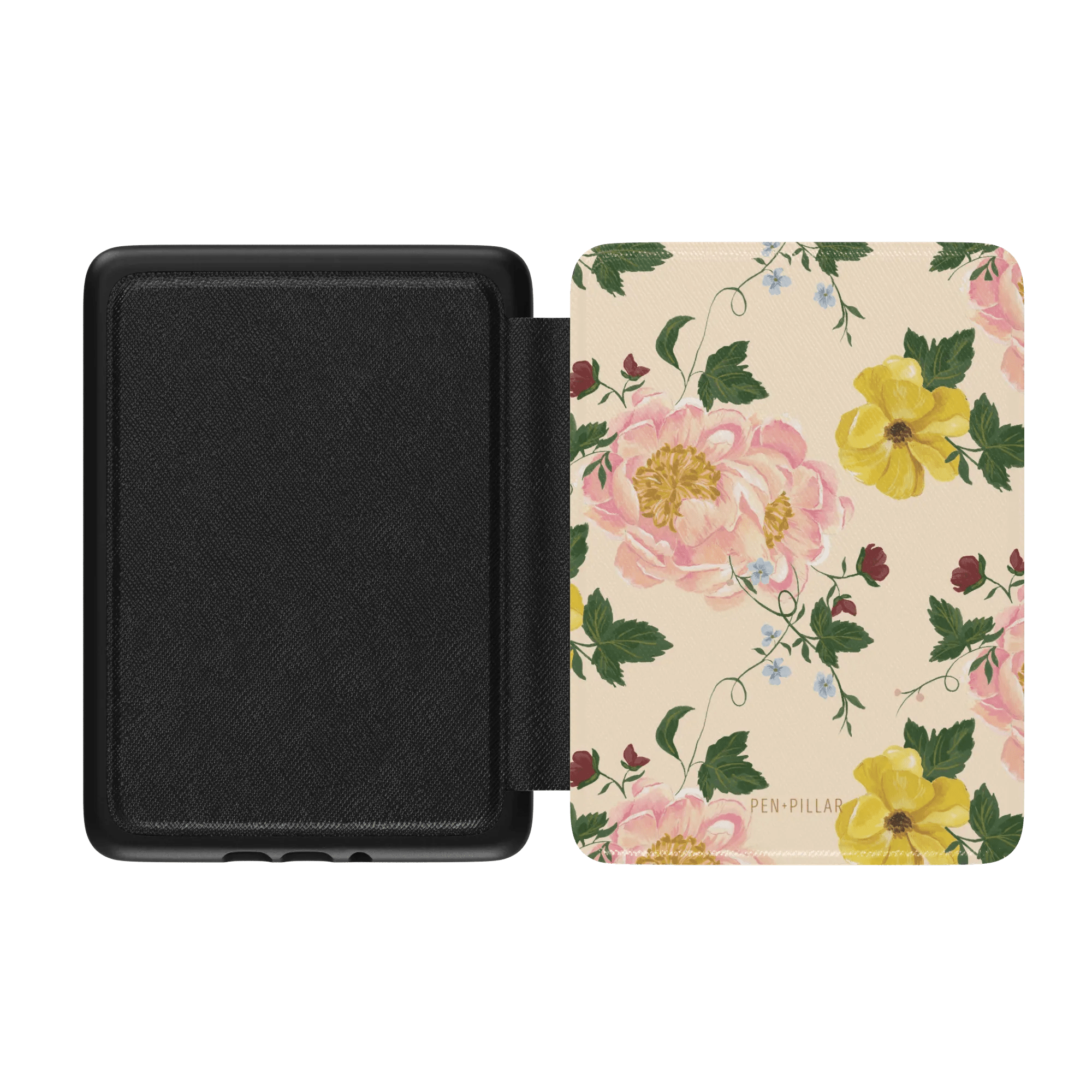 Garden Rose Kindle case featuring a floral design with pink roses and yellow flowers on a cream background.