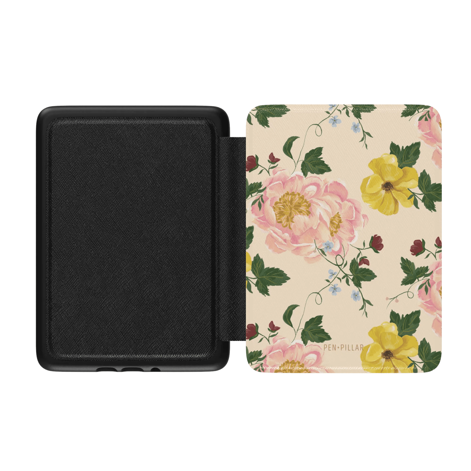 Garden Rose Kindle case featuring a floral design with pink roses and yellow flowers on a cream background.
