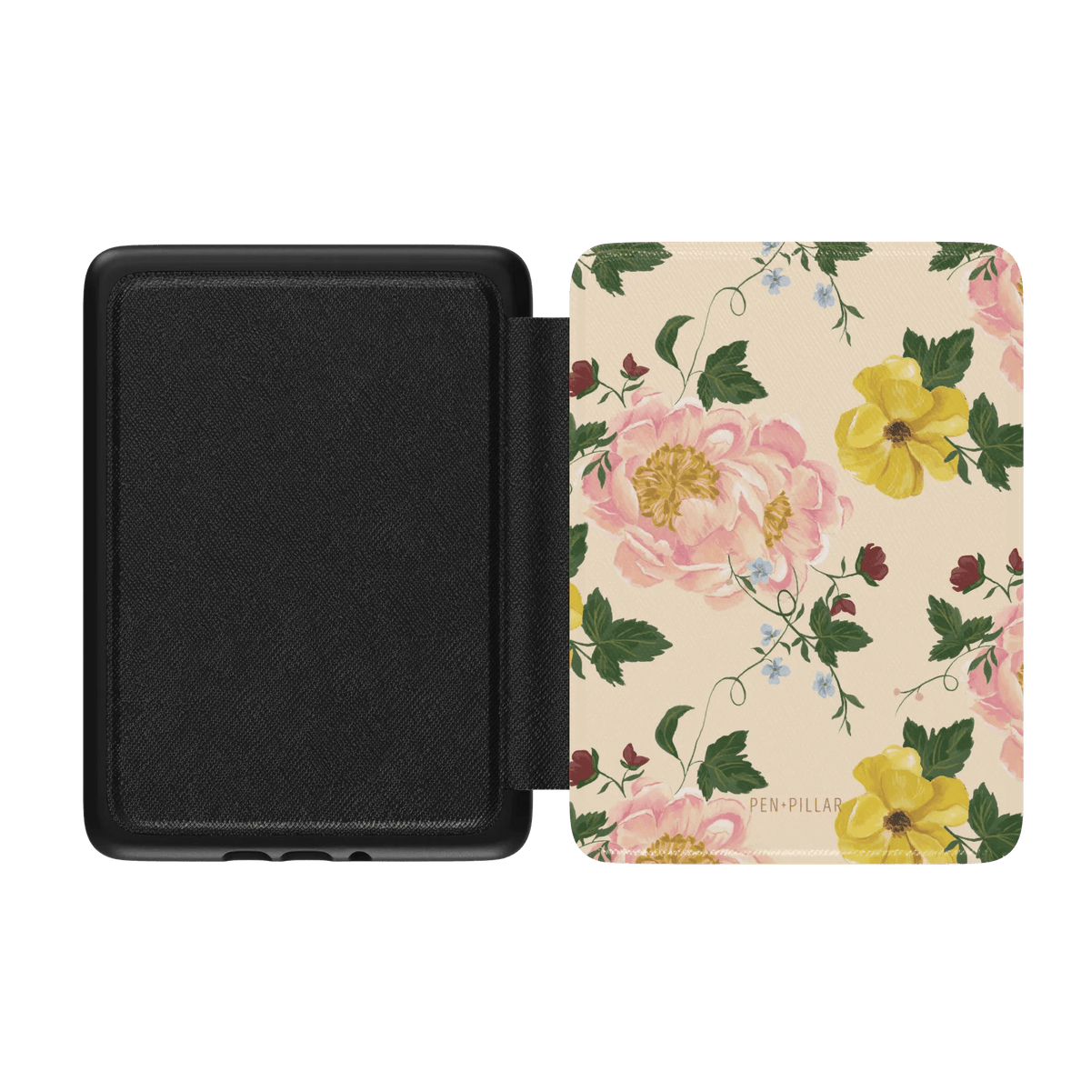 Garden Rose Kindle case featuring a floral design with pink roses and yellow flowers on a cream background.