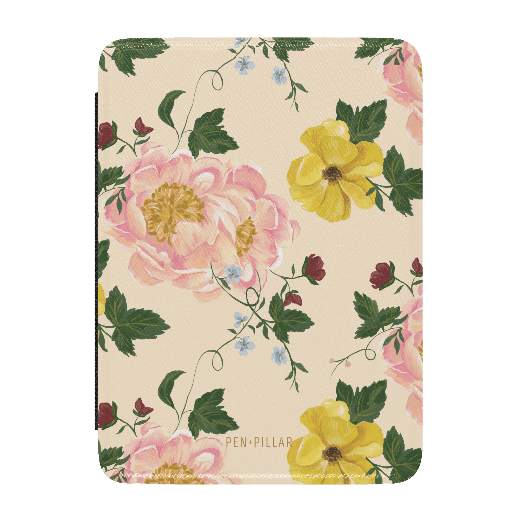 Garden Rose Kindle case featuring pink and yellow floral patterns on a cream background with green leaves.
