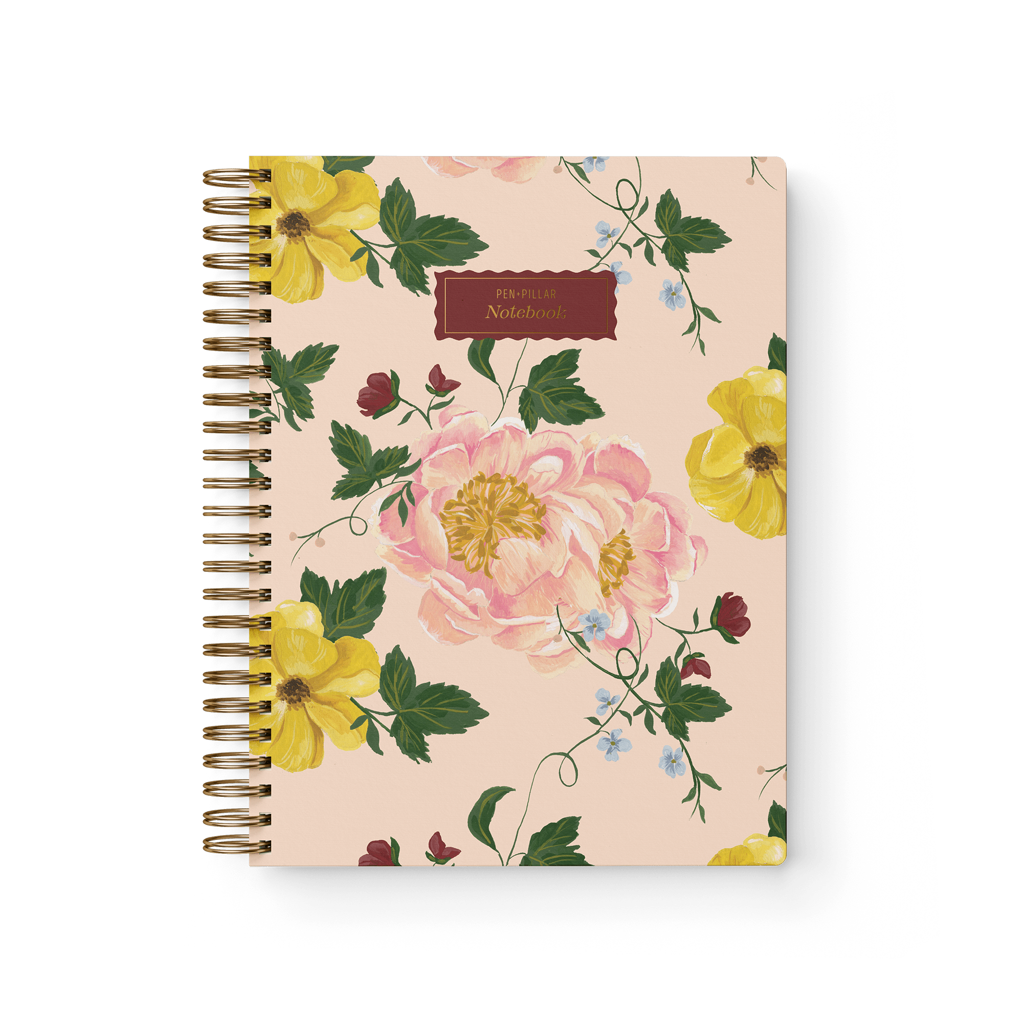 Garden rose notebook with a floral design featuring pink and yellow flowers on a light pink background.