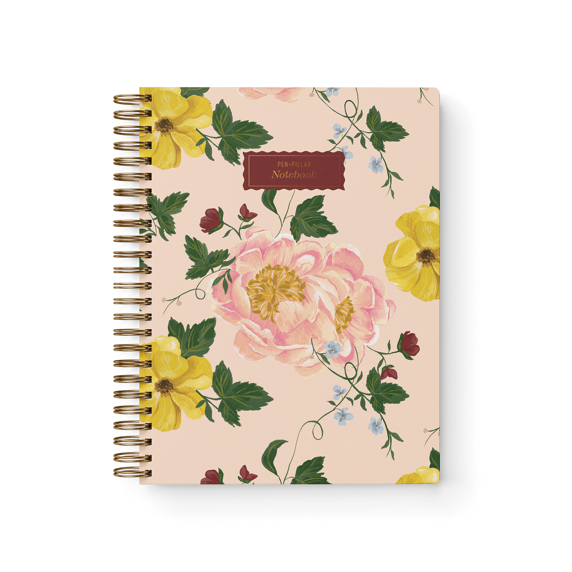 Garden rose notebook with a floral design featuring pink and yellow flowers on a light pink background.
