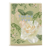 Garden rose thank you card featuring a white rose, pink flowers, and green leaves on a light green background.