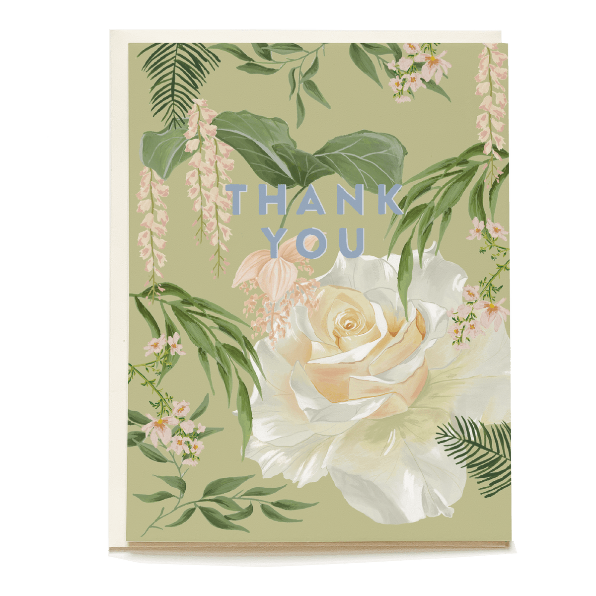 Garden rose thank you card featuring a white rose, pink flowers, and green leaves on a light green background.