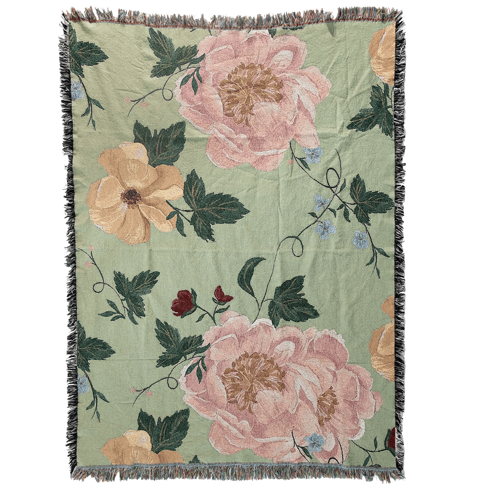 Garden rose woven blanket featuring large floral patterns in pink and yellow on a green background with fringe edges.