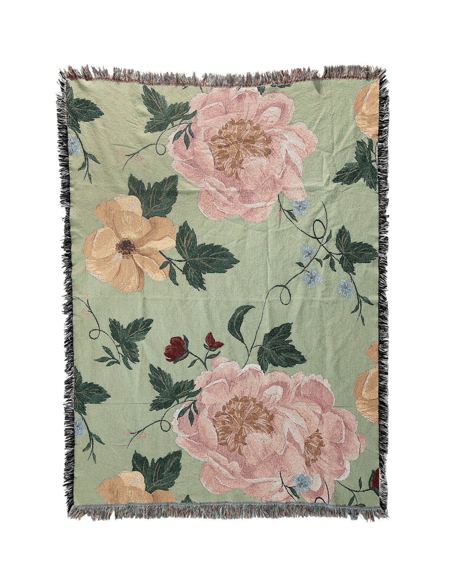 Garden rose woven blanket featuring large floral patterns in pink and yellow on a green background with fringe edges.
