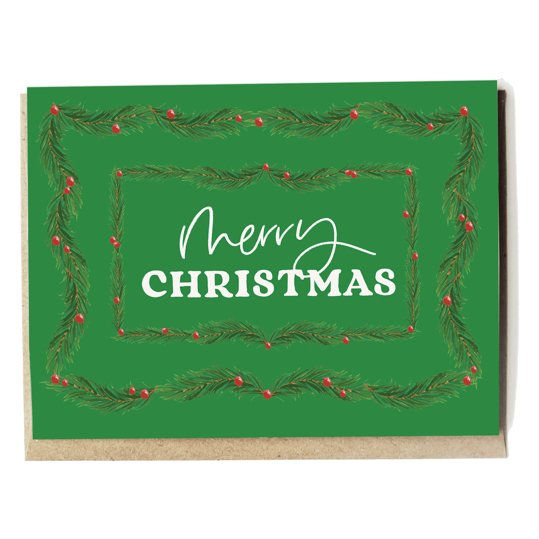 Garland holiday card featuring a green background with pine branches and red berries, displaying "Merry Christmas" text.
