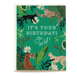 Go Wild birthday card featuring colorful jungle animals and greenery with the text "It's your birthday! Go wild!
