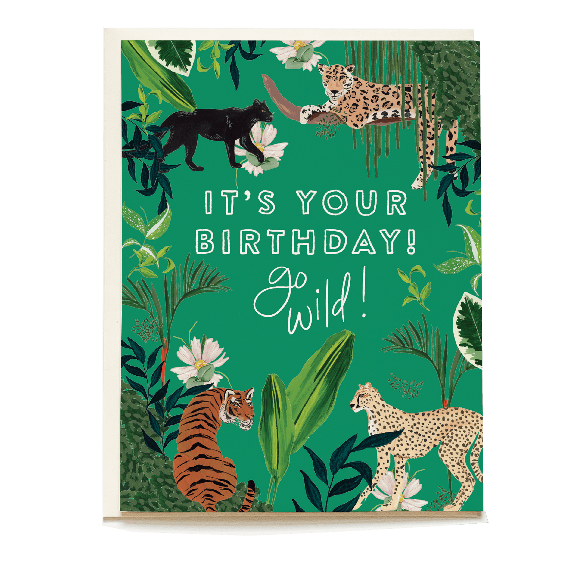 Go Wild birthday card featuring colorful jungle animals and greenery with the text "It's your birthday! Go wild!