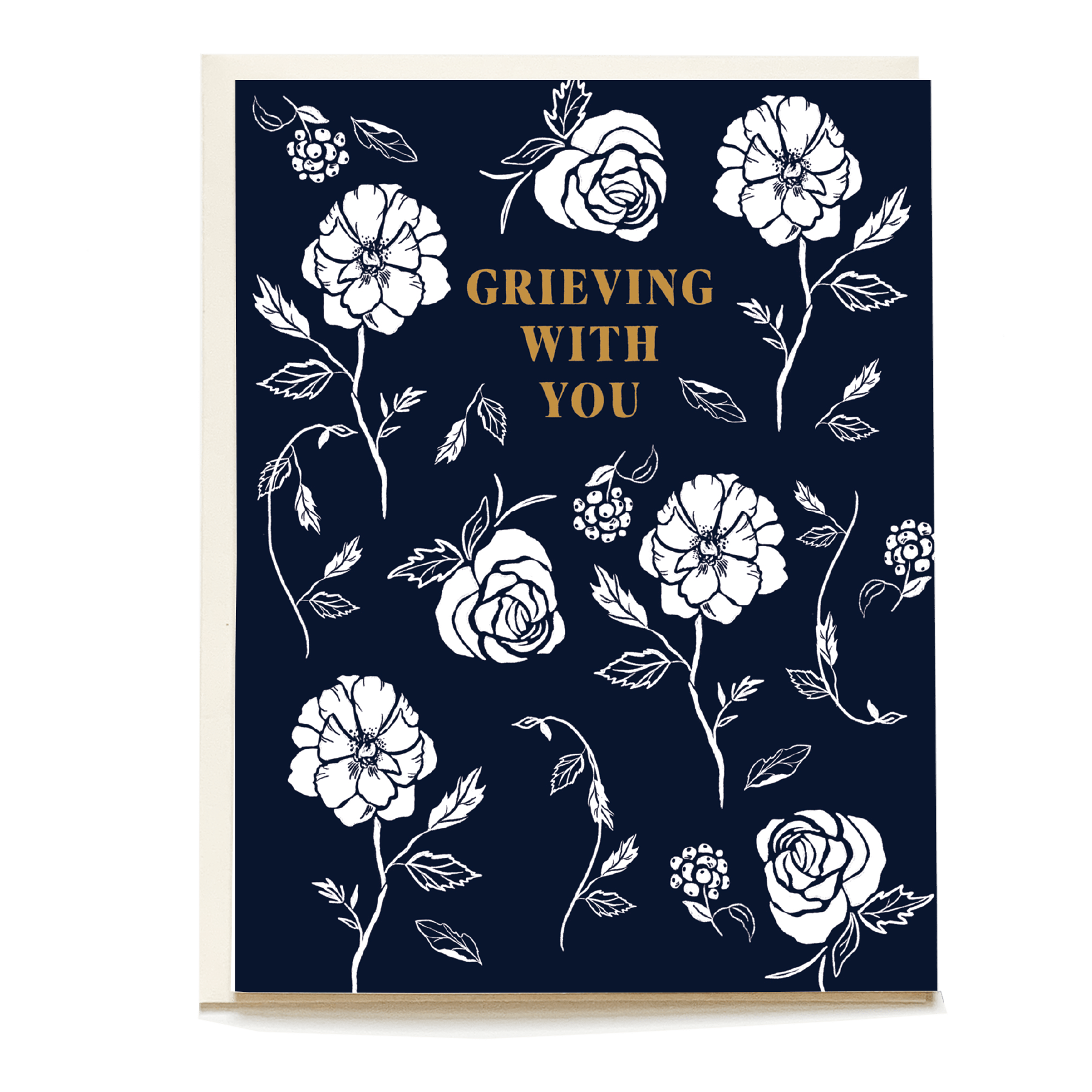 Sympathy card featuring floral designs on a navy background with the text "Grieving With You" in gold.