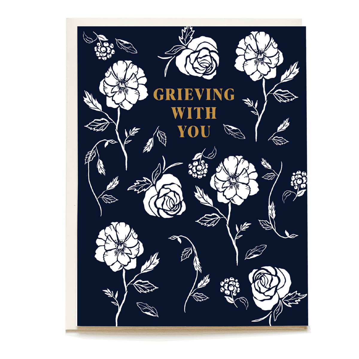 Sympathy card featuring floral designs on a navy background with the text "Grieving With You" in gold.