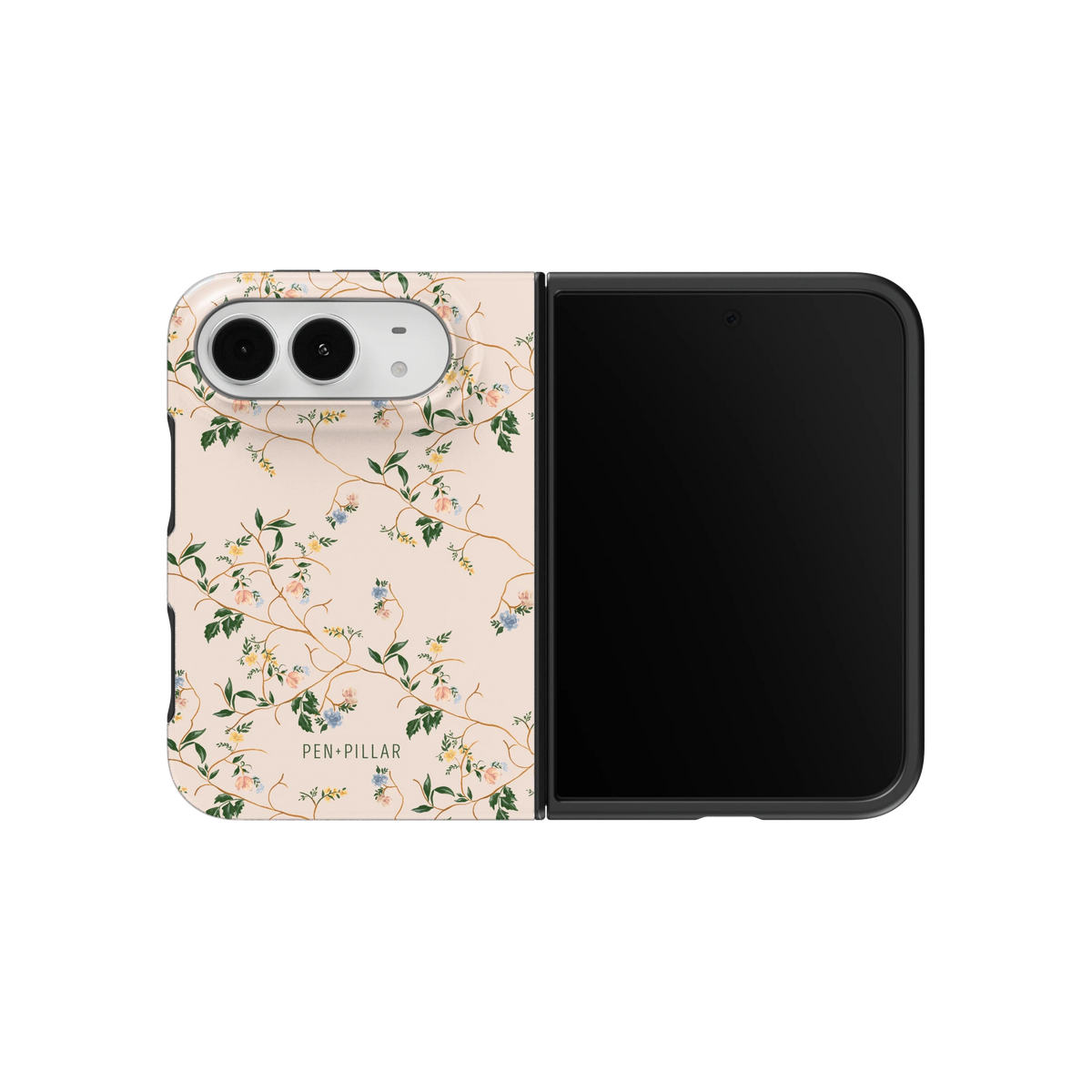 Grove iPhone 18 Duo case on an unfolded iPhone 18 Duo, back and screen side by side: delicate branches with blush blossoms on cream