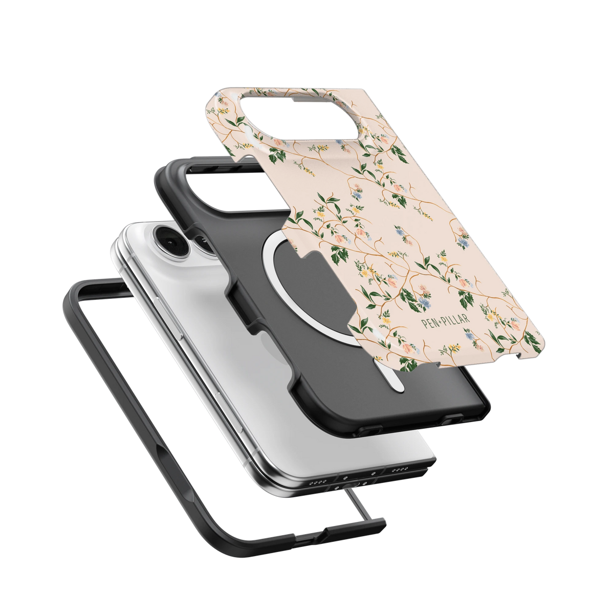 Grove iPhone 18 Duo case, exploded view of the printed shell, black inner layer with MagSafe ring, and phone