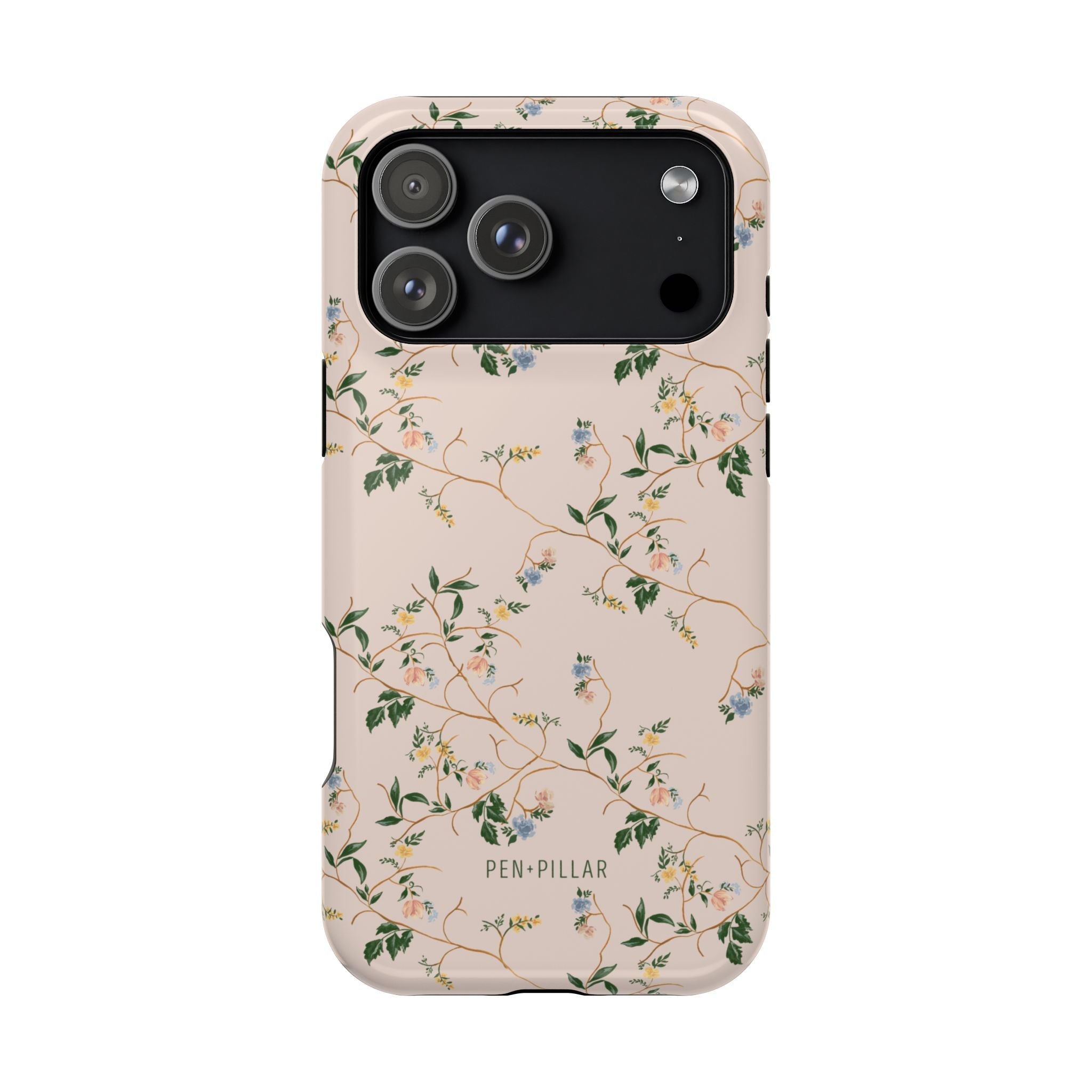 Grove iPhone case featuring a floral design with green vines and small blue flowers on a light pink background.