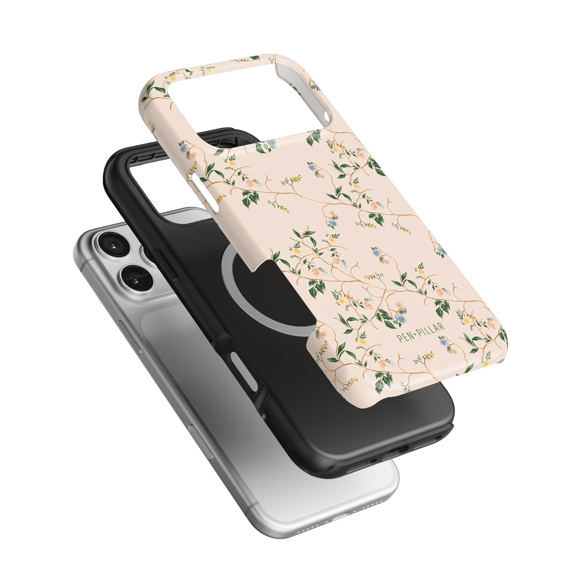 Grove iPhone case featuring a floral design in soft pink with green accents, layered over a black and silver case.