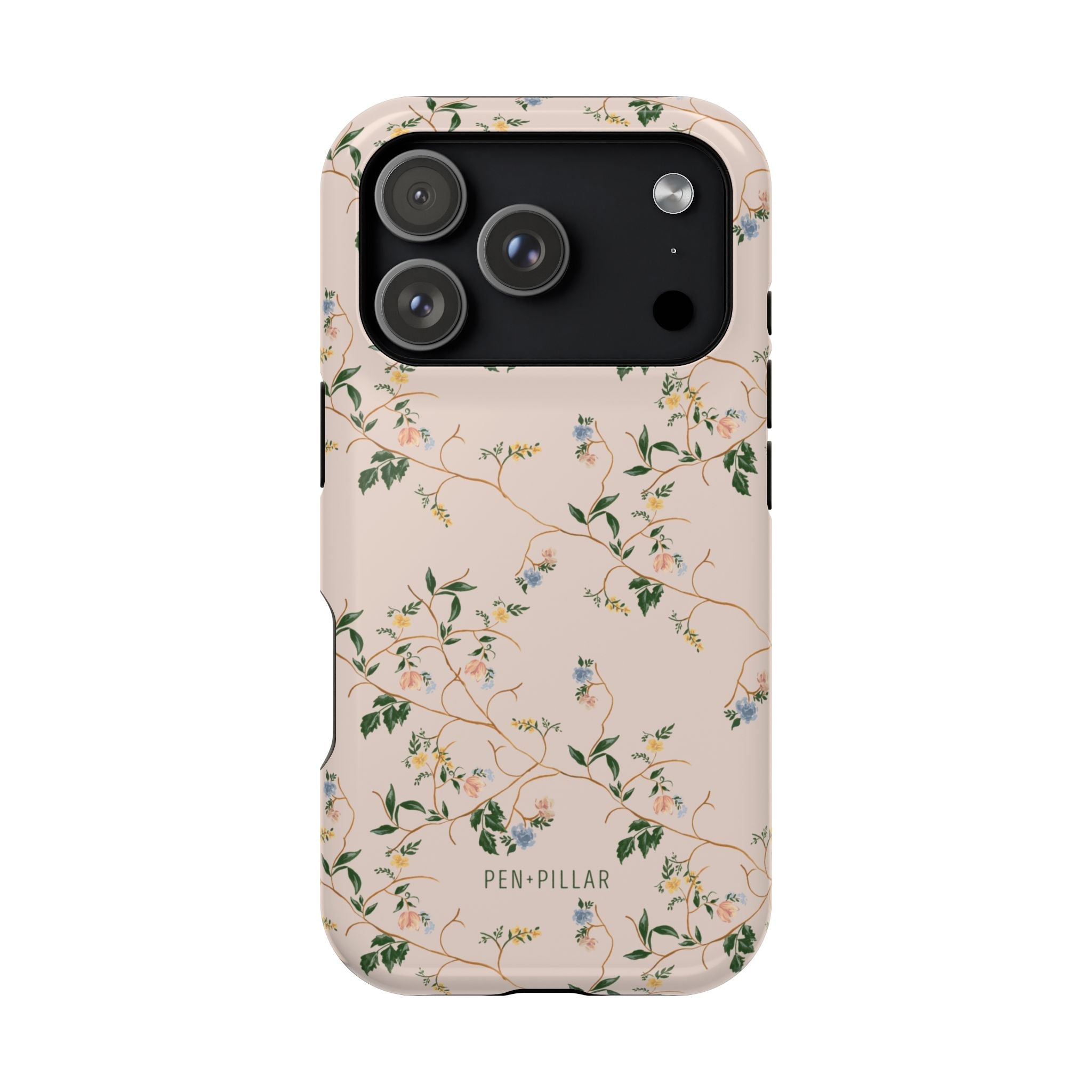 Grove iPhone case with a floral design featuring green leaves and light-colored flowers on a soft pink background.