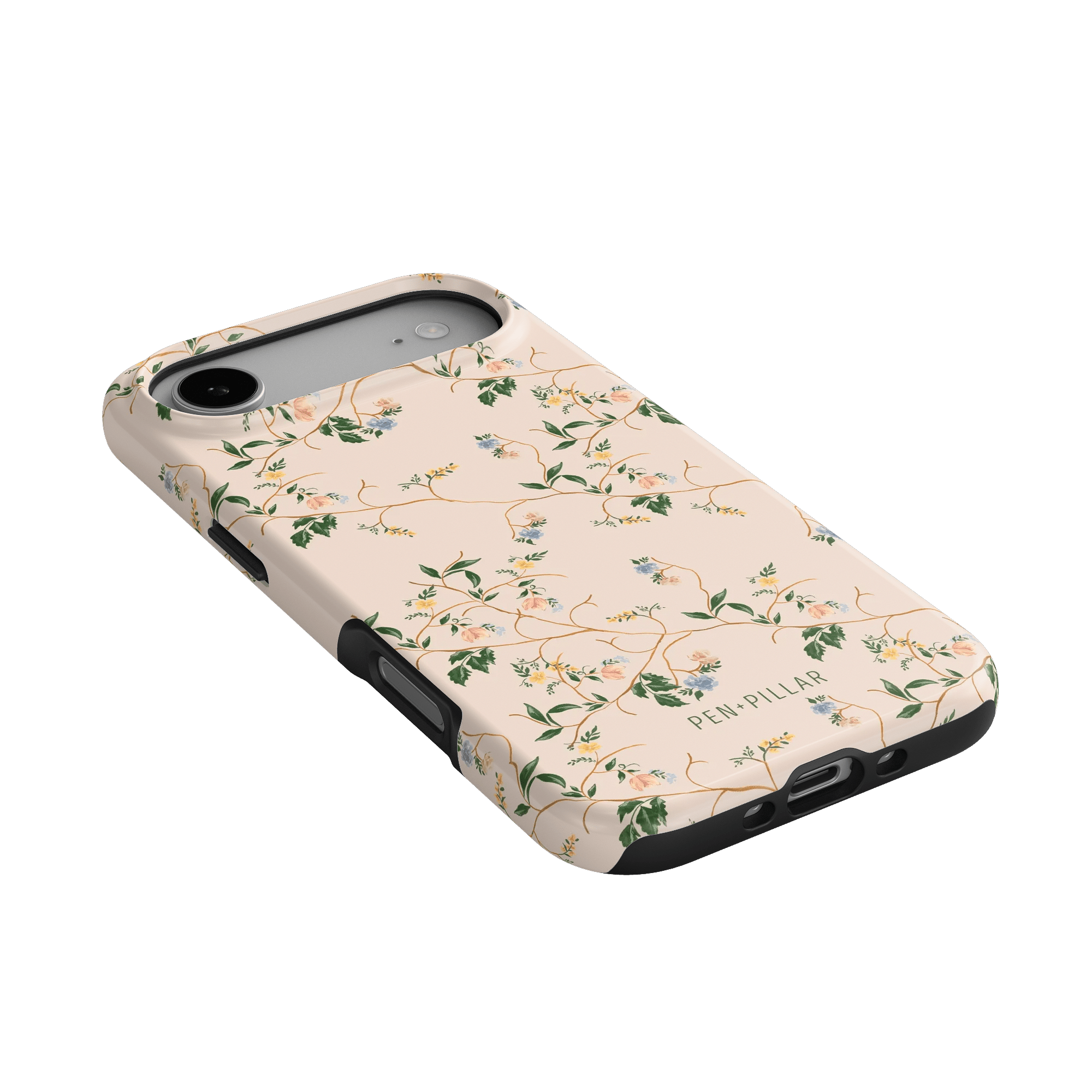 Grove iPhone case featuring a floral design in soft pink with green leaves and black edges.