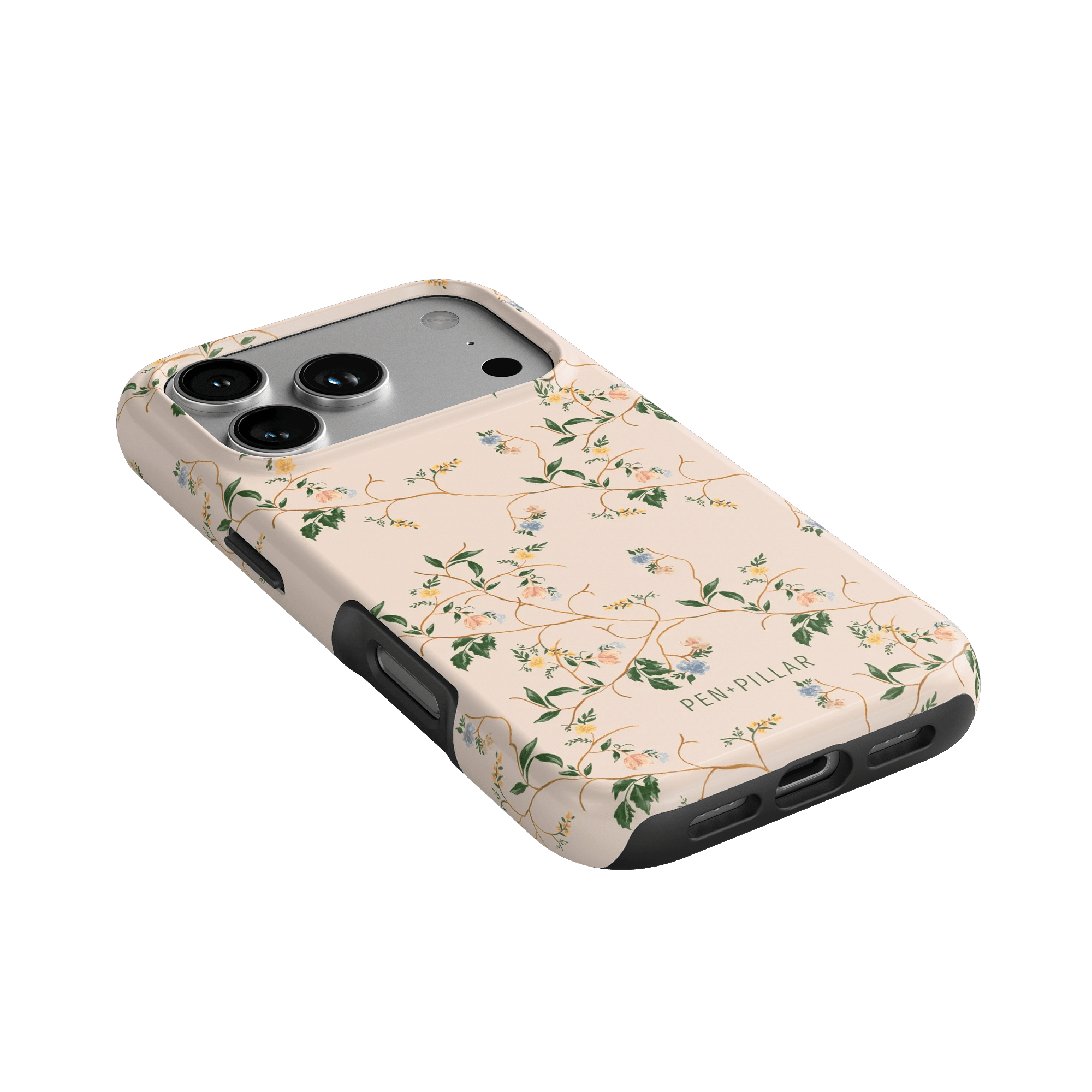 Grove iPhone case featuring a floral design in soft colors with a black trim, angled view showing camera cutout.