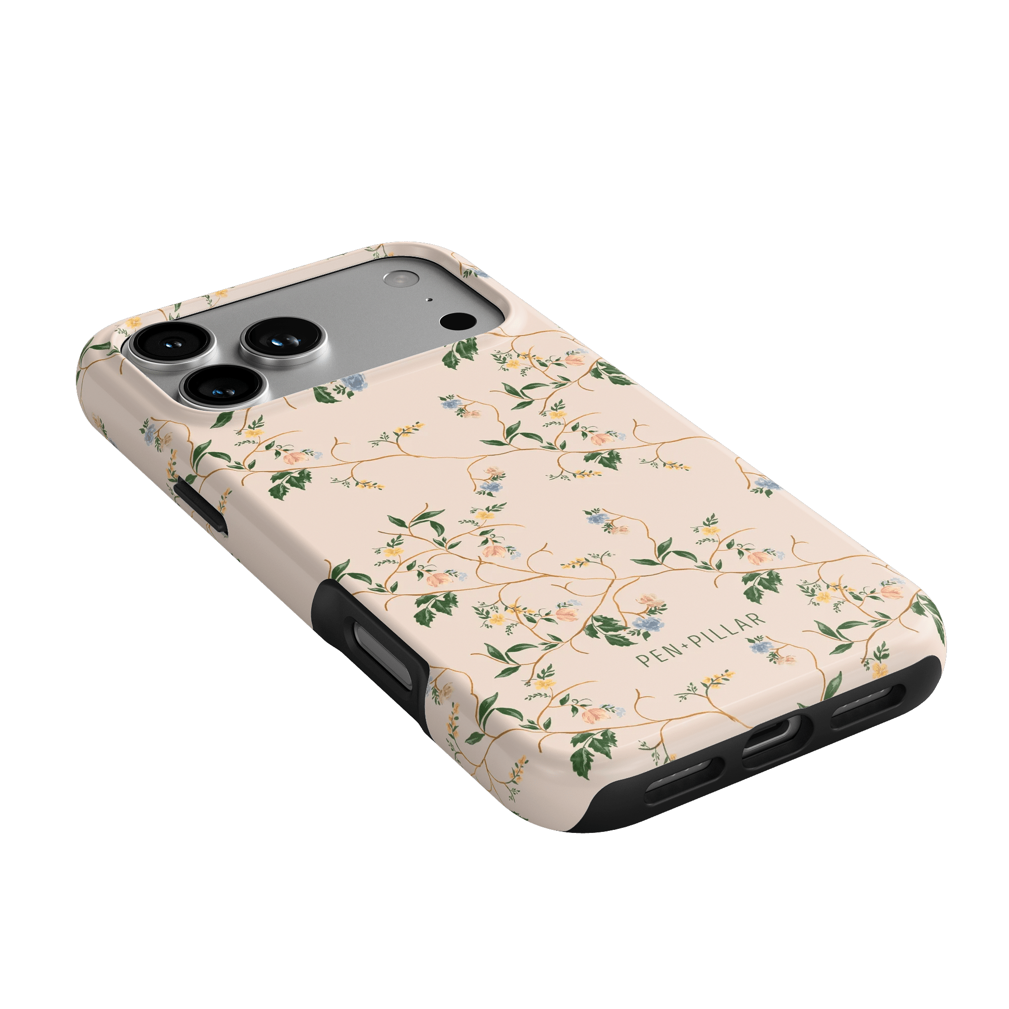 Grove iPhone case with a floral design on a light pink background, featuring cutouts for camera and ports.