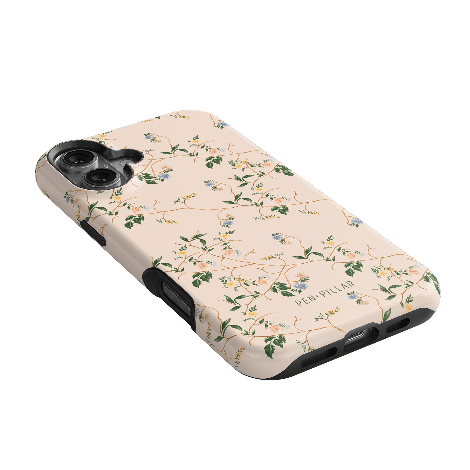 Grove iPhone case featuring a floral design on a light pink background with black edges and camera cutouts.