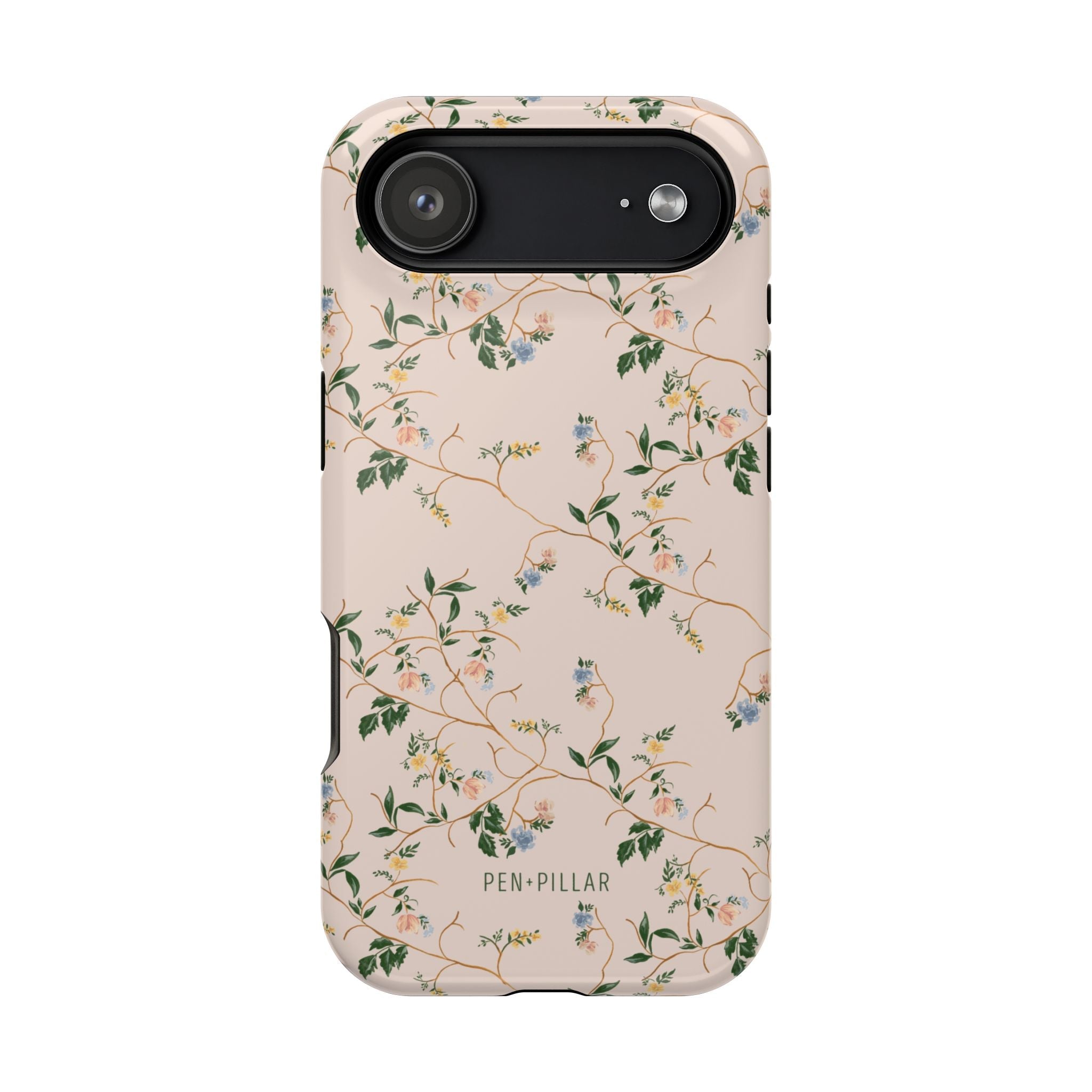 Grove iPhone case featuring a floral design with green leaves and blue flowers on a light pink background.