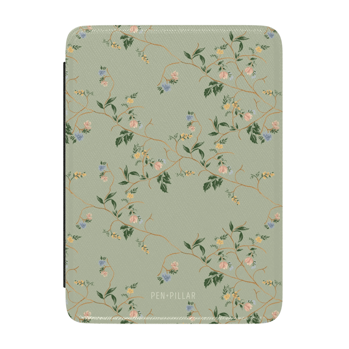 Grove Kindle case with a floral pattern in pastel colors on a light green background.
