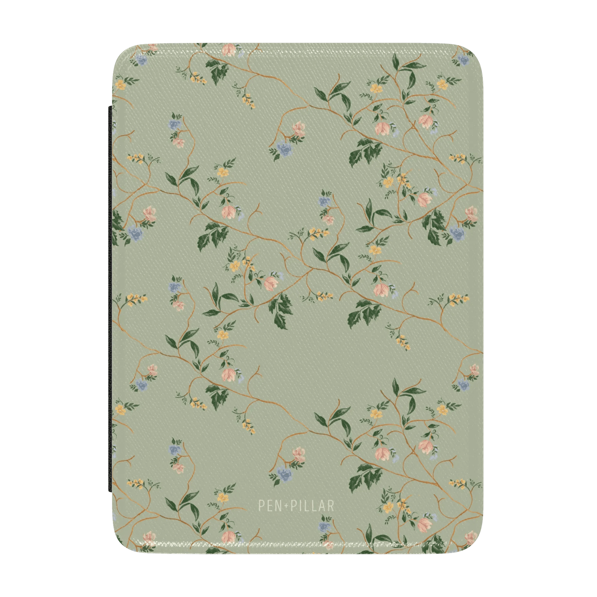 Grove Kindle case with a floral pattern in pastel colors on a light green background.