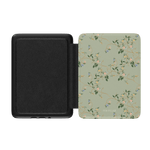 Grove Kindle case with a floral pattern and birds on a light green background, featuring a black interior.