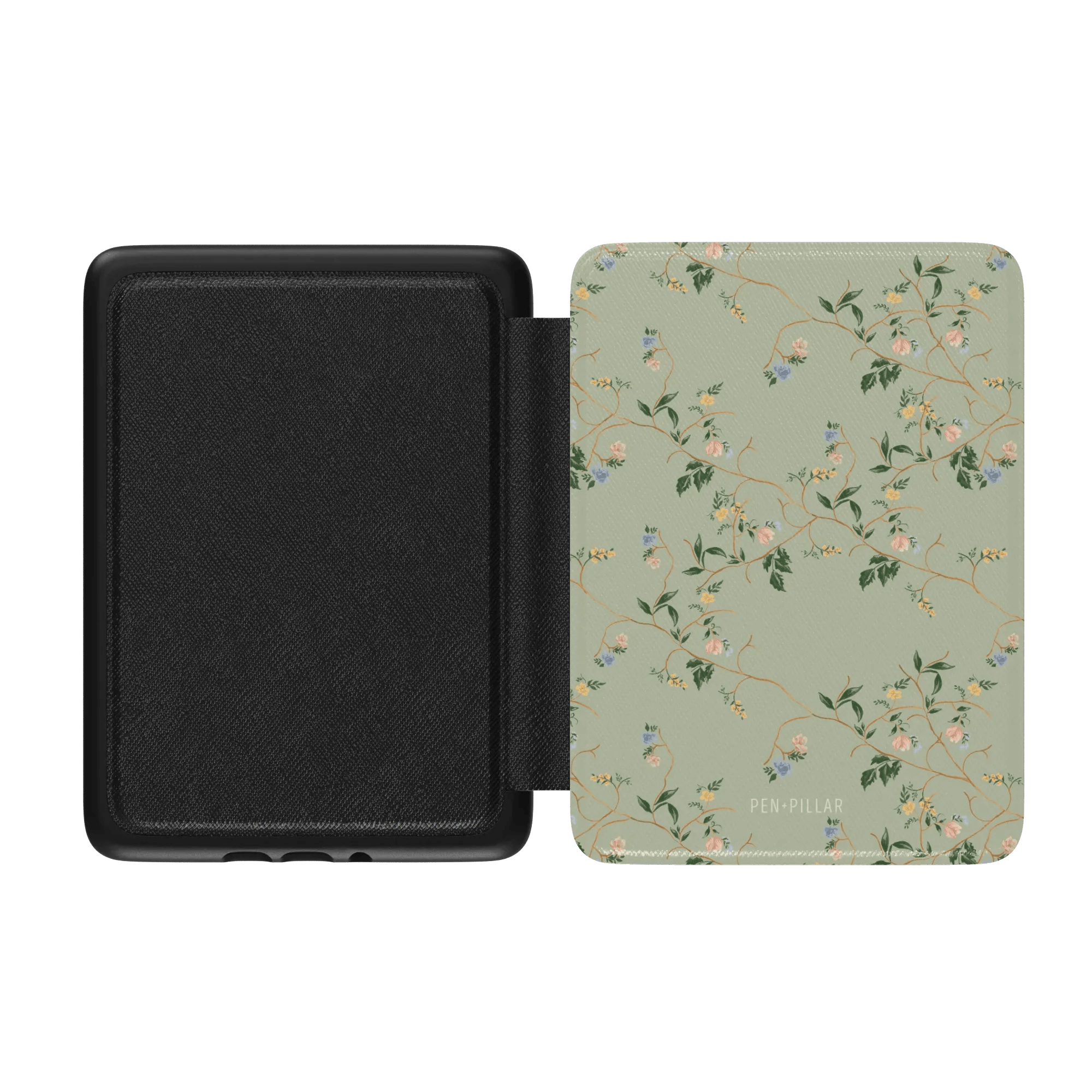 Grove Kindle case with a floral pattern and birds on a light green background, featuring a black interior.