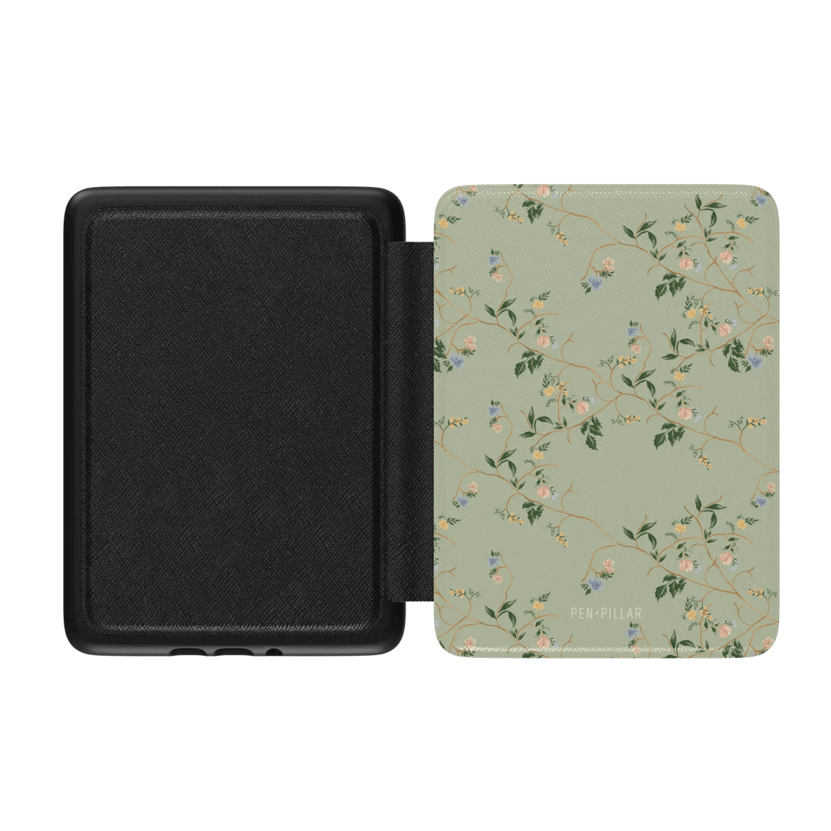 Grove Kindle case with a floral pattern and birds on a light green background, featuring a black interior.