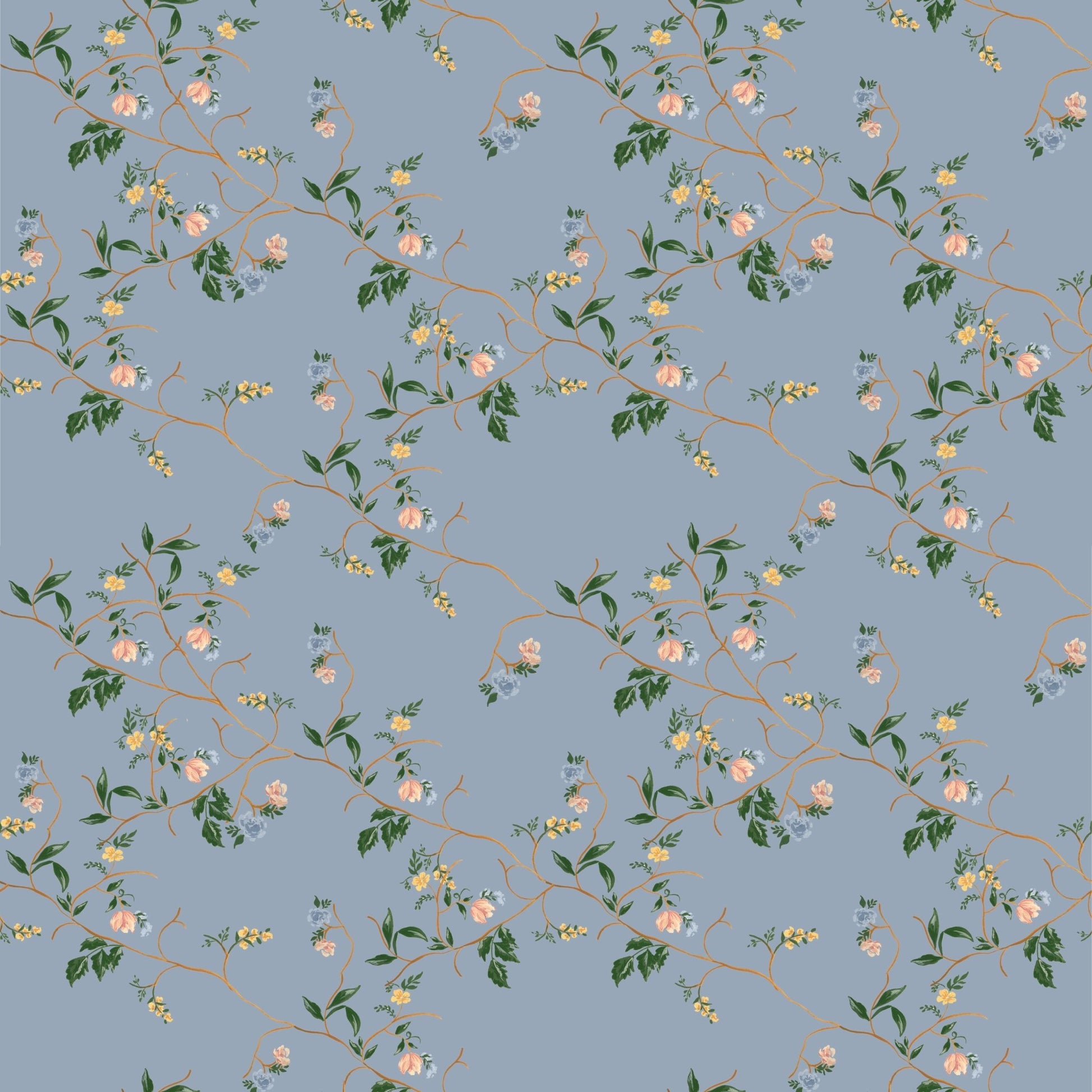 Grove Wallpaper by Pen and Pillar featuring a repeating pattern of pink and yellow flowers on brown vines over blue-grey.
