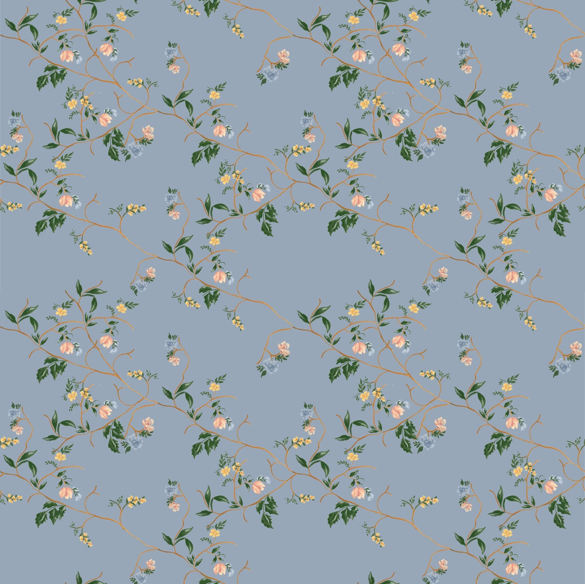 Grove Wallpaper by Pen and Pillar featuring a repeating pattern of pink and yellow flowers on brown vines over blue-grey.