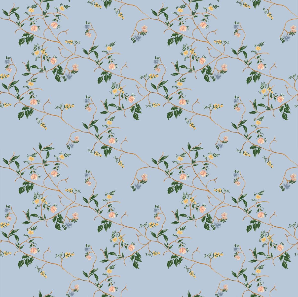 Light blue Grove wallpaper featuring a repeating pattern of thin brown branches with pink, yellow, and blue flowers.