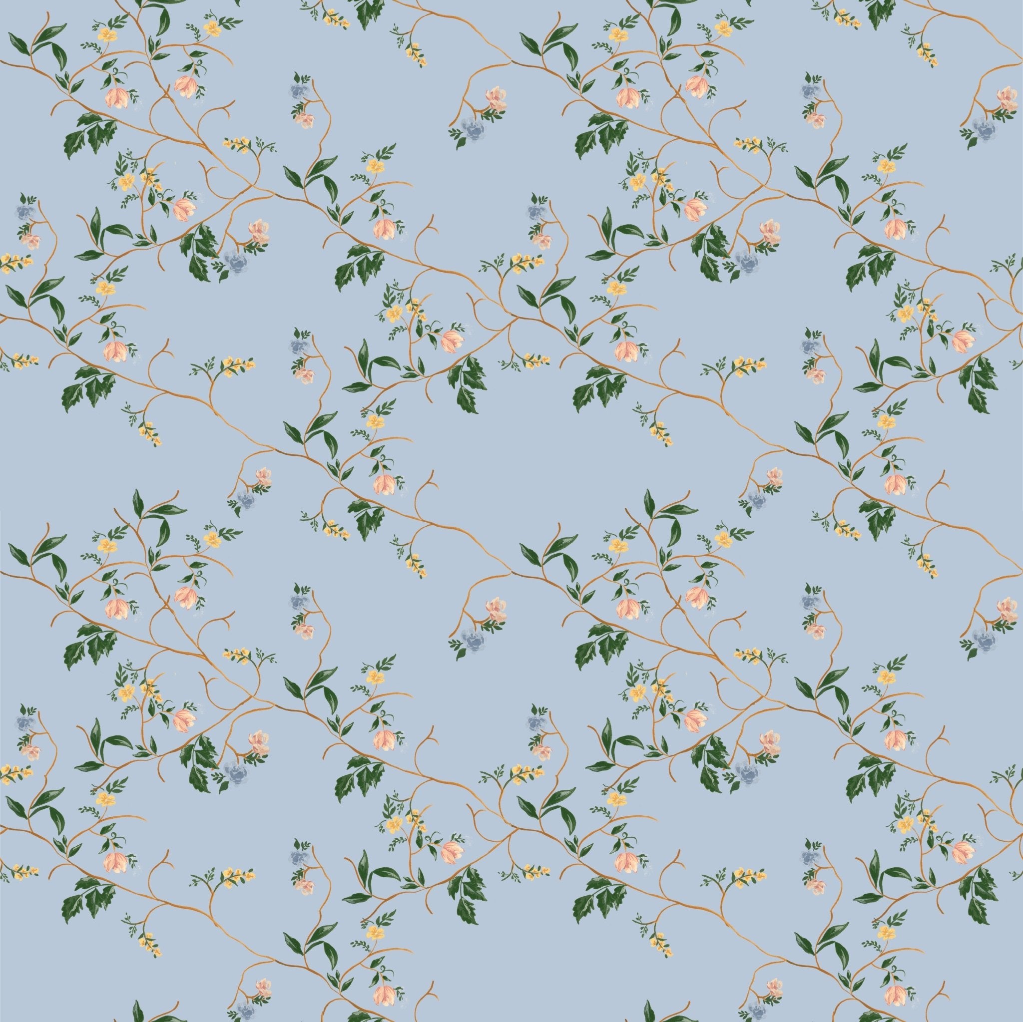 Light blue Grove wallpaper featuring a repeating pattern of thin brown branches with pink, yellow, and blue flowers.