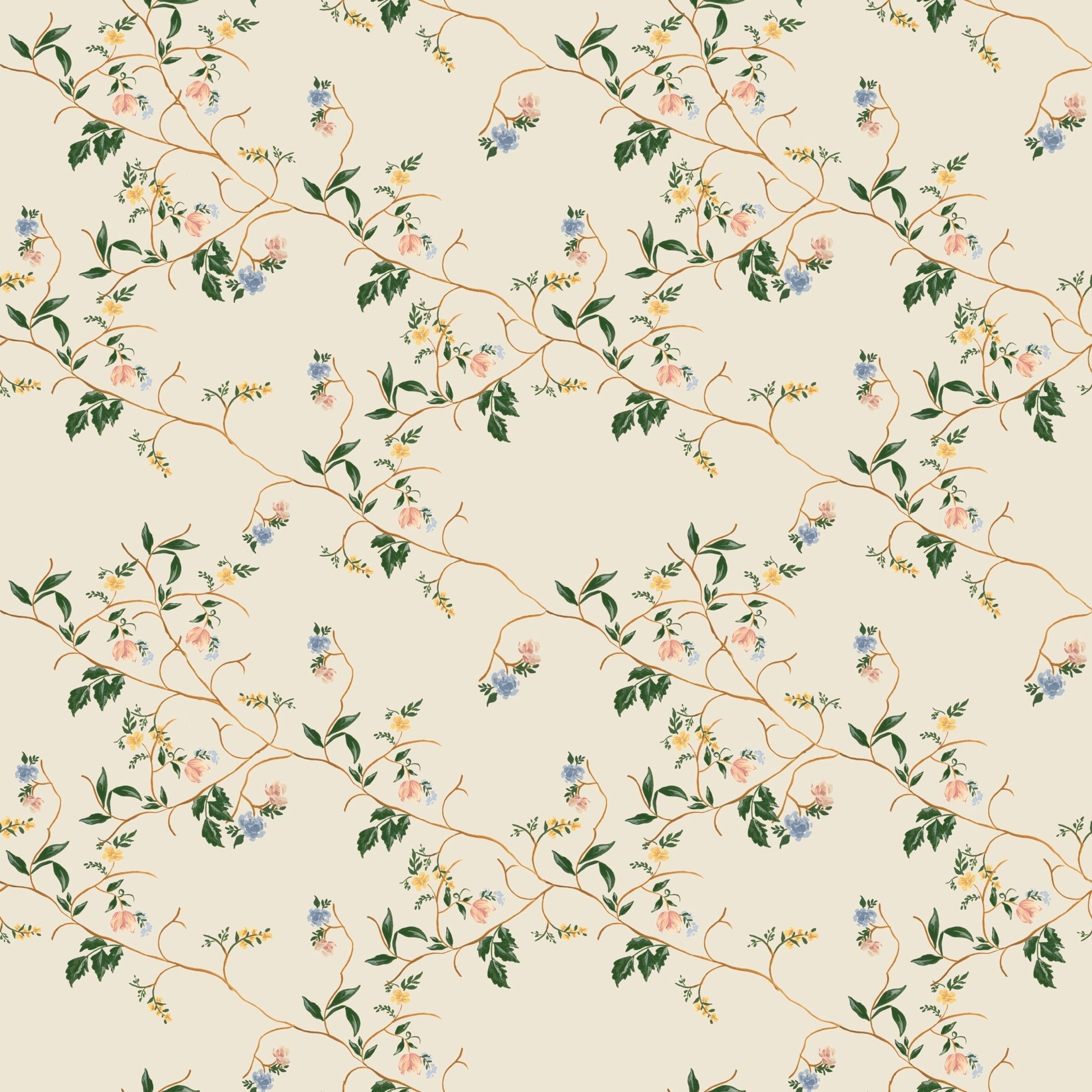 Grove Wallpaper by Pen and Pillar featuring a repeating pattern of pink, blue, and yellow flowers on thin brown vines.