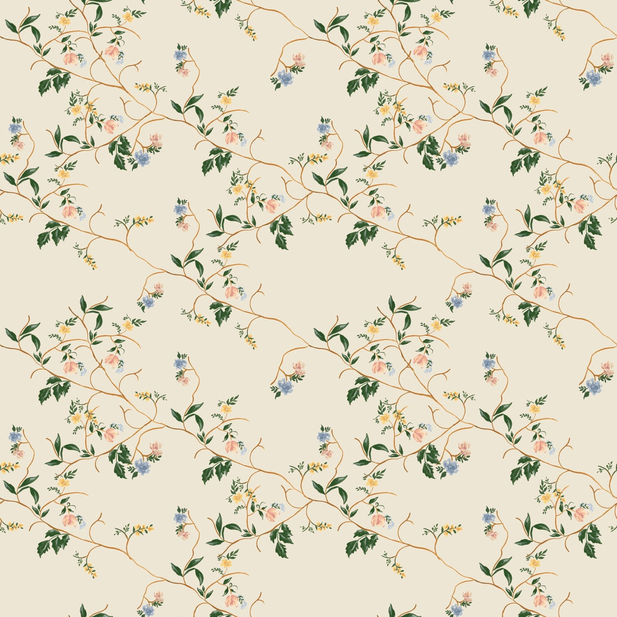 Grove Wallpaper by Pen and Pillar featuring a repeating pattern of pink, blue, and yellow flowers on thin brown vines.