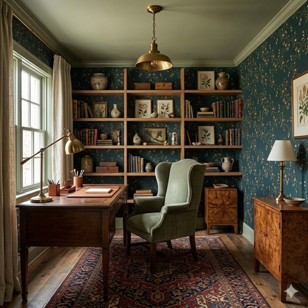 Dark teal Grove wallpaper with a gold floral pattern in a study featuring a wooden desk, green chair, and built-in shelves.