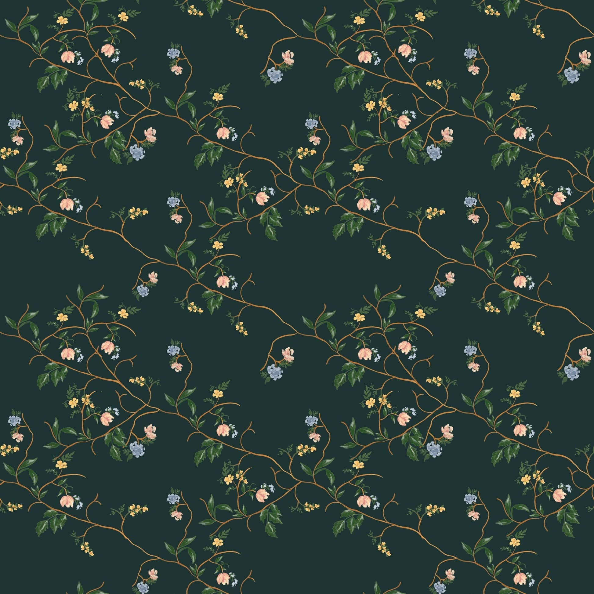 Grove Wallpaper by Pen and Pillar featuring a pattern of pink, blue, and yellow flowers on vines over a dark green backgro...