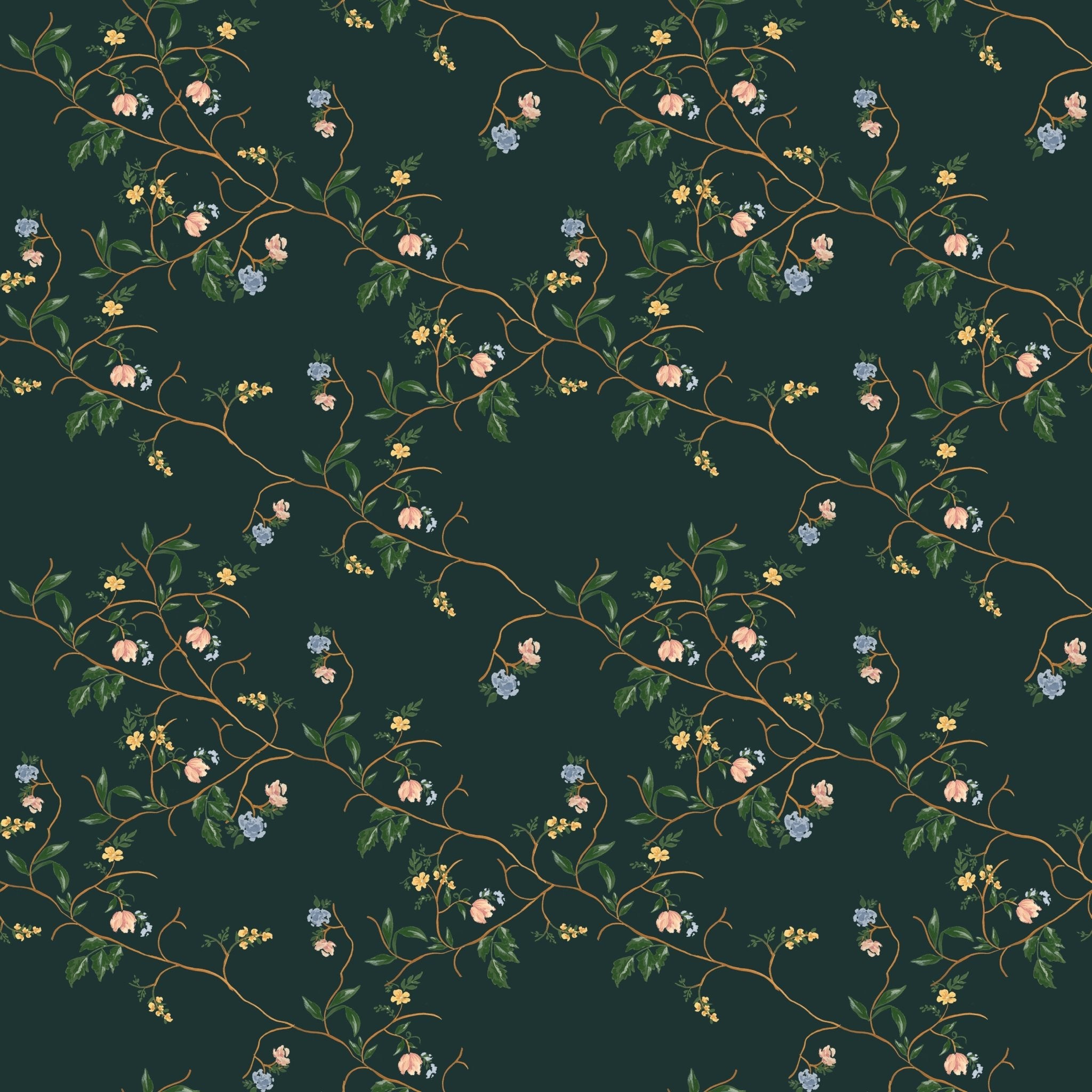 Grove Wallpaper by Pen and Pillar featuring a pattern of pink, blue, and yellow flowers on vines over a dark green backgro...
