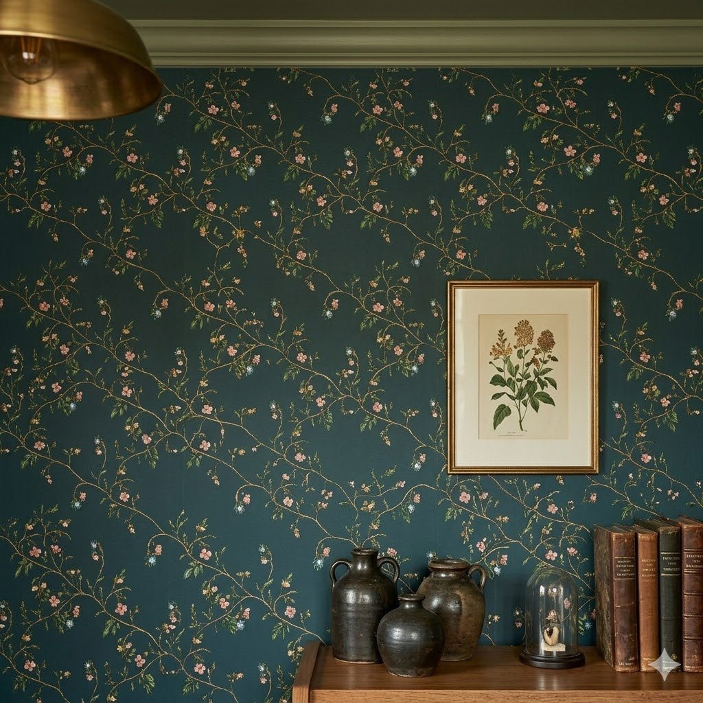 Grove Wallpaper by Pen and Pillar featuring a dark teal background with a pattern of pink and blue flowers on vines.