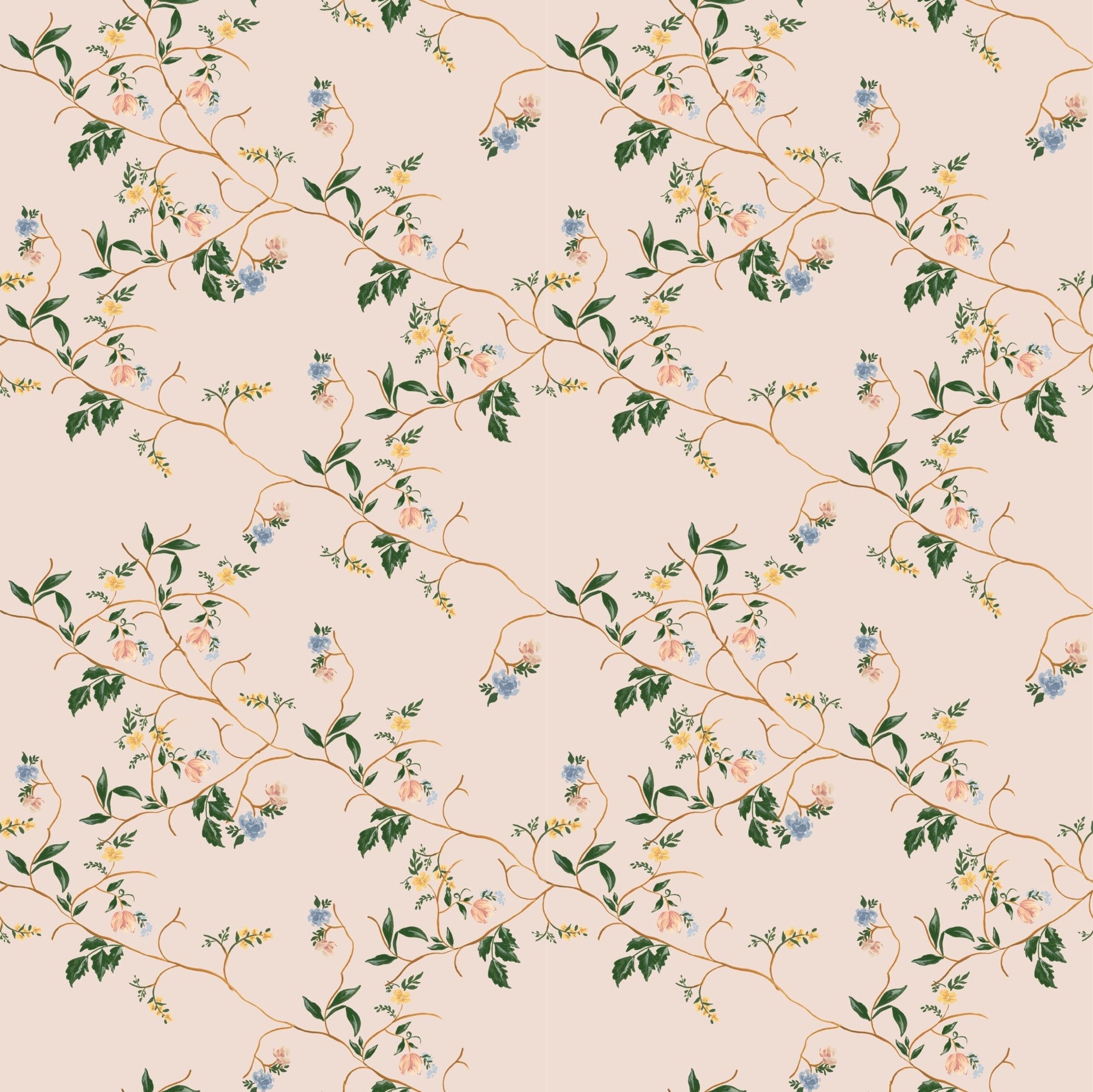 Floral Grove wallpaper featuring a repeating pattern of pink, blue, and yellow flowers on thin branches with green leaves.