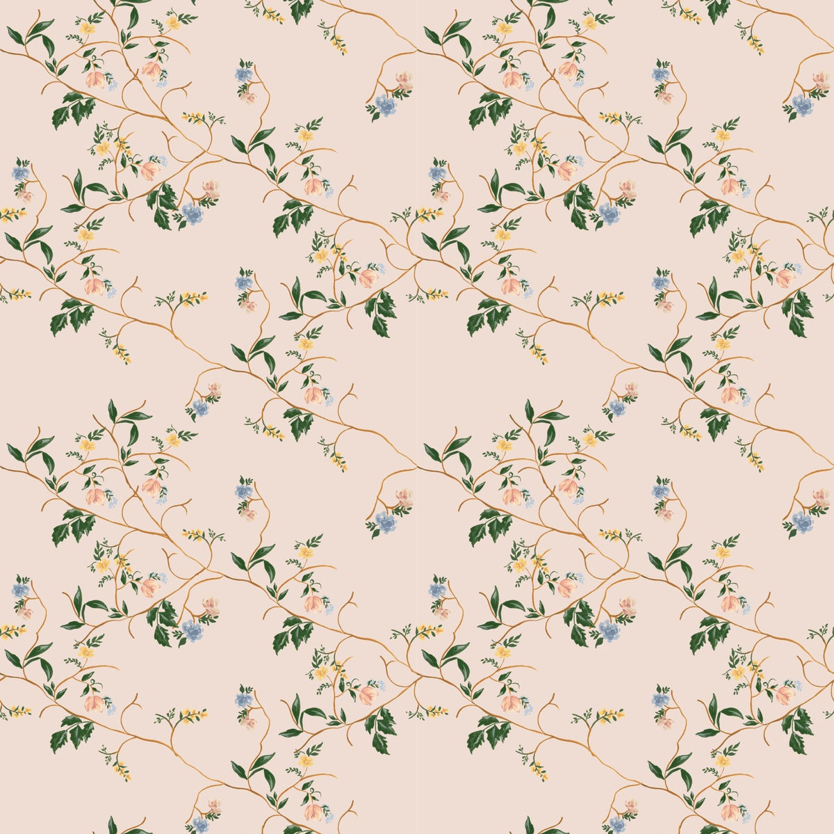 Floral Grove wallpaper featuring a repeating pattern of pink, blue, and yellow flowers on thin branches with green leaves.