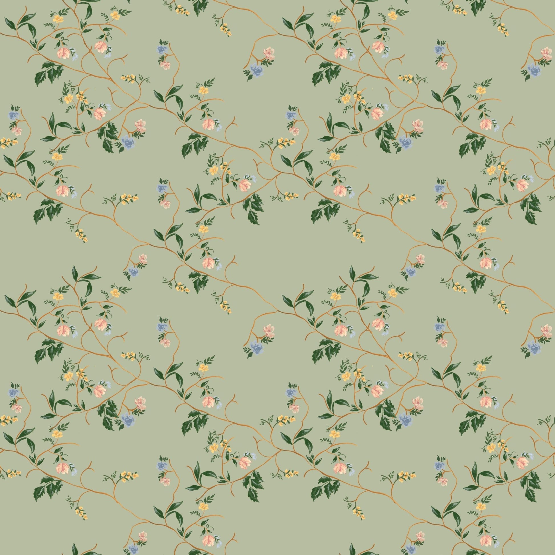 Grove wallpaper by Pen and Pillar featuring a pattern of pink, blue, and yellow flowers on green vines over a sage backgro...