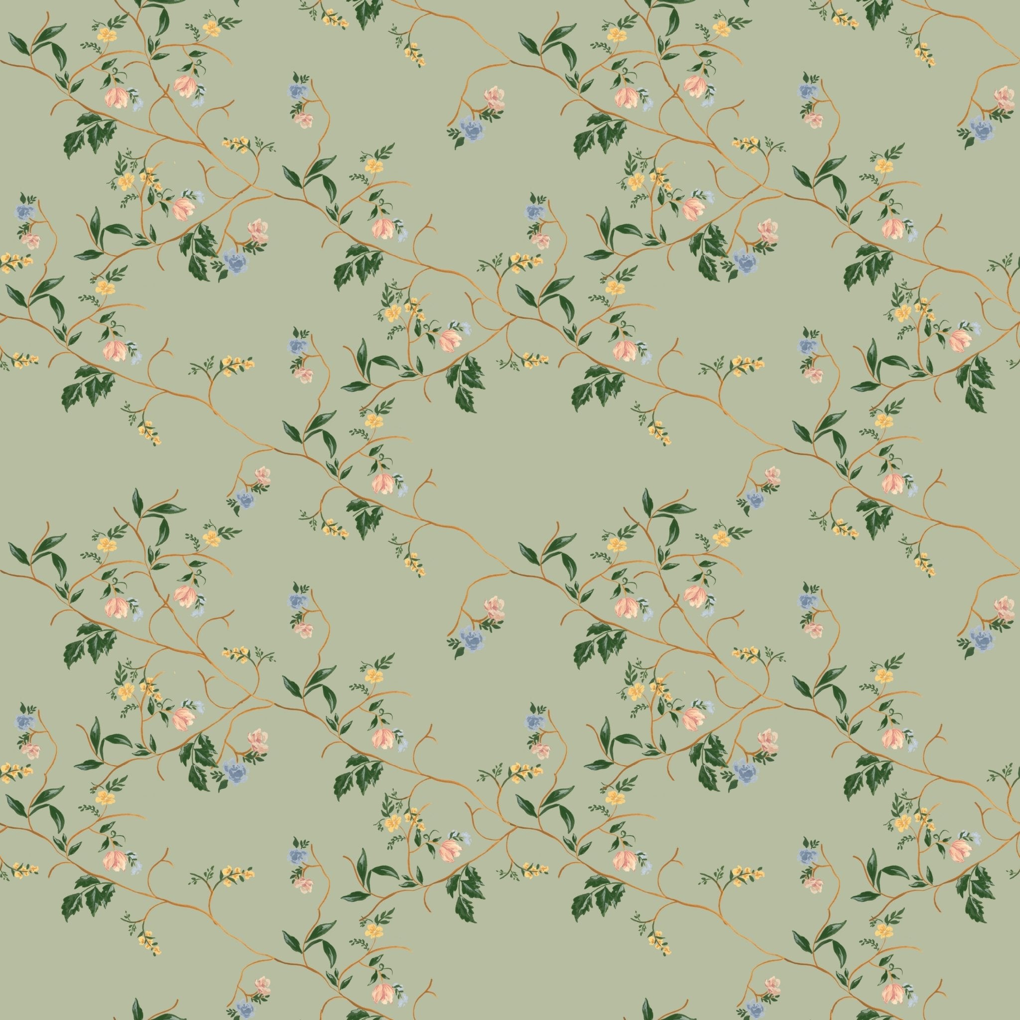 Grove wallpaper by Pen and Pillar featuring a pattern of pink, blue, and yellow flowers on green vines over a sage backgro...